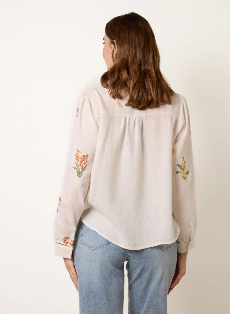 بلو فانيلا Long Sleeve Embroidered Button Front Blouse